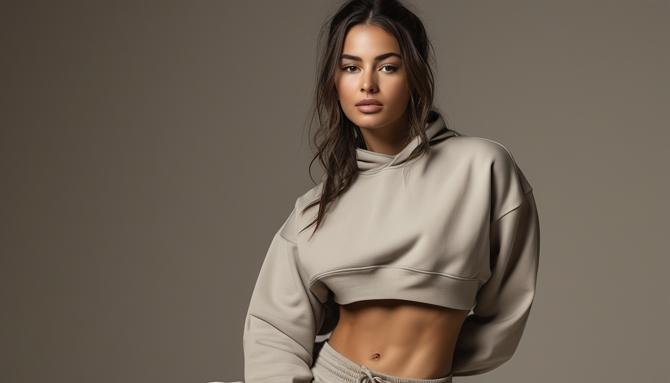Woman in a neutral matching activewear set, catalog style