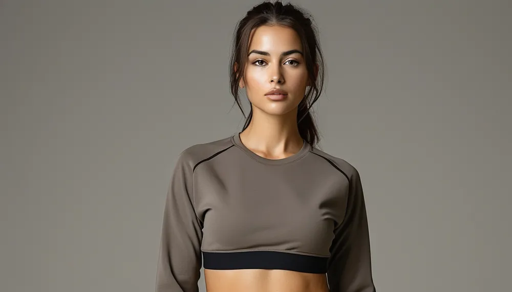 Woman in a neutral taupe matching activewear set